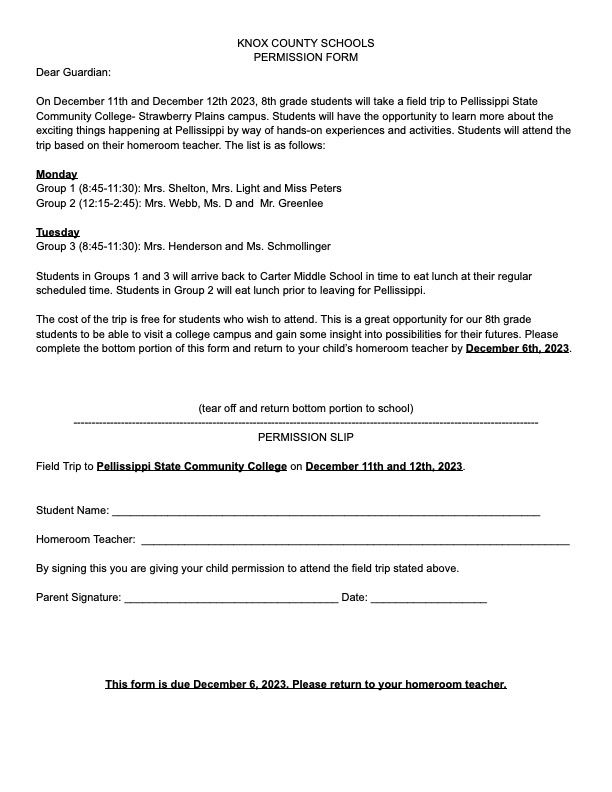  8th Grade Pellissippi Field Trip Information